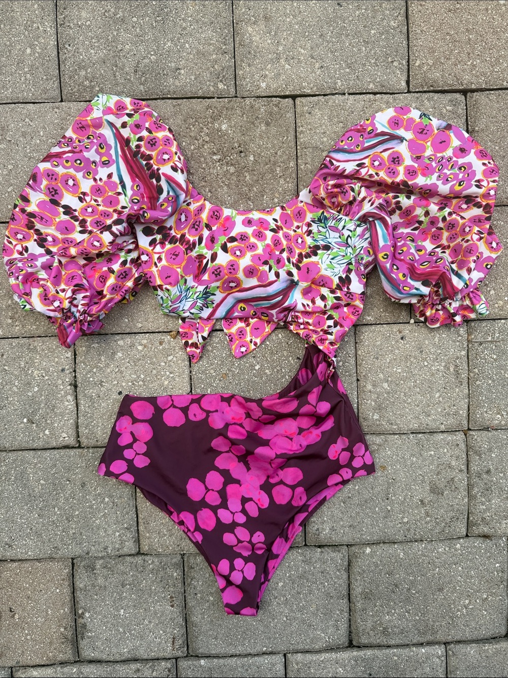 Pink Floral Puff-Sleeve Swimsuit Set